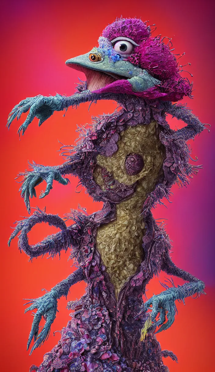 Image similar to hyper detailed 3d render like a Oil painting - kawaii portrait of quirky Aurora (a beautiful skeksis muppet fae queen from dark crystal that looks like Anya Taylor-Joy) seen red carpet photoshoot in UVIVF posing in scaly dress to Eat of the Strangling network of yellowcake aerochrome and milky Fruit and His delicate Hands hold of gossamer polyp blossoms bring iridescent fungal flowers whose spores black the foolish stars by Jacek Yerka, Ilya Kuvshinov, Mariusz Lewandowski, Houdini algorithmic generative render, Abstract brush strokes, Masterpiece, Edward Hopper and James Gilleard, Zdzislaw Beksinski, Mark Ryden, Wolfgang Lettl, hints of Yayoi Kasuma and Dr. Seuss, octane render, 8k