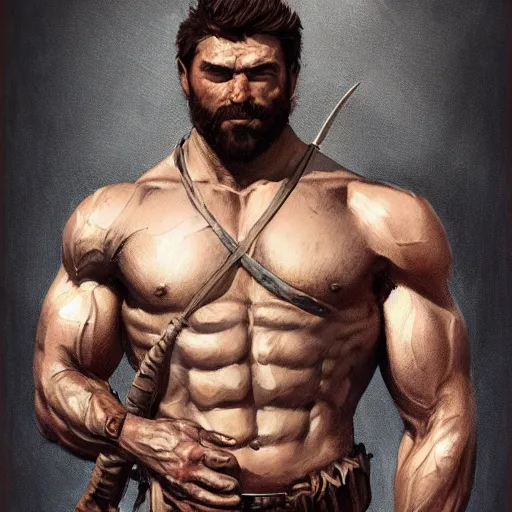 Image similar to portrait of a rugged ranger, muscular, upper body, hairy torso, detailed detailed detailed hands hands hands hands, D&D, fantasy, bare bare bare bare thighs thighs thighs intricate, elegant, highly detailed, digital painting, artstation, concept art, smooth, sharp focus, illustration, art by greg rutkowski