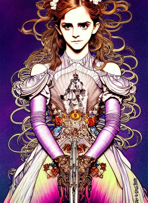 Image similar to highly detailed terada katsuya artstation ayami kojima manga poster of princess emma watson mechine, rainbow gradient reflection, long hair, armor, dress, laces, ruffles, 8 k, maximalist,, jump comics, tomer hanuka, alphonse mucha