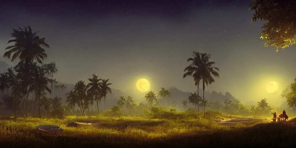 Prompt: dreamy moonlit landscape of a kerala village, realistic detailed digital art by Maxwell Boas Jessica Rossier Christian Dimitrov Anton Fadeev trending on Artstation CGSociety rendered in Unreal Engine 4k HQ