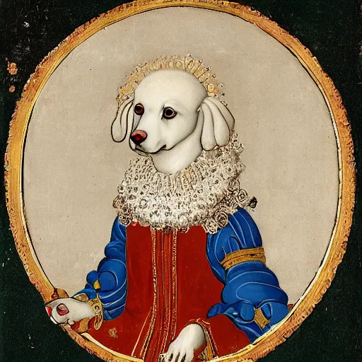 Image similar to portrait of a white poodle as an italian noblewoman, italo - byzantine era 7 0 0 ce