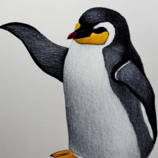 Image similar to Intricate five star Penguin Drawing by Anna Kullberg, Colored pencil on paper, high detail, skin texture, photo realistic, hyperrealism,matte finish, high contrast, 3d depth, masterpiece, vivid colors, artstationhd