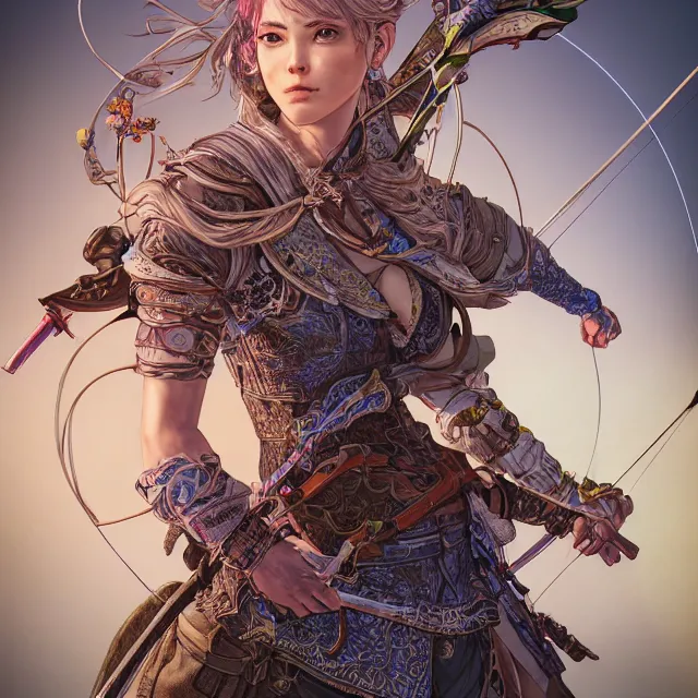 Image similar to the portrait of lawful neutral semi - colorful female archer huntress as absurdly beautiful, gorgeous, elegant, young woman, an ultrafine hyperdetailed illustration by kim jung gi, irakli nadar, intricate linework, bright colors, octopath traveler, final fantasy, unreal engine 5 highly rendered, global illumination, radiant light, detailed and intricate environment