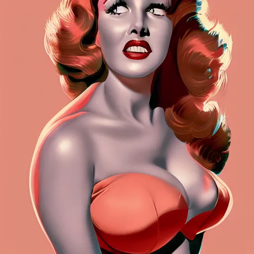 Image similar to rita hayworth, pinup, in the style of alex ross, 2 d, 4 k, unreal, intricate, digital painting, highly detailed, artstation, sharp focus, illustration,