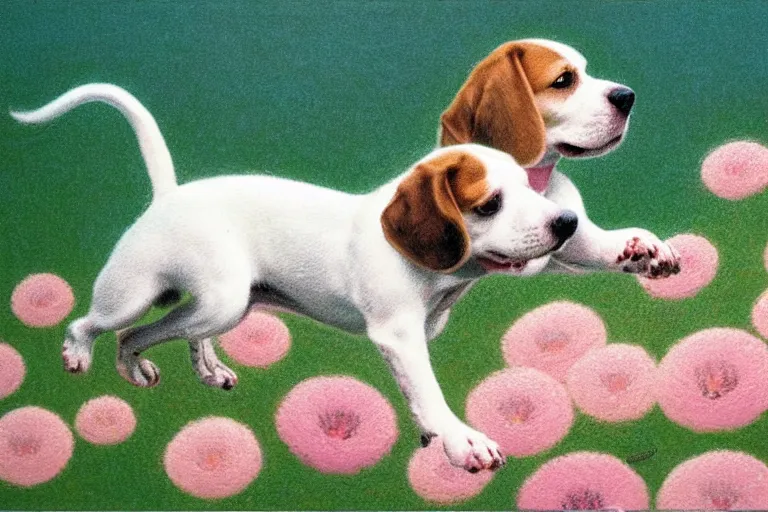 Image similar to white and brown beagle dog playing in a full of pink flowers, by Quint Buchholz, light pastel colors, detailed, bright daylight, happy