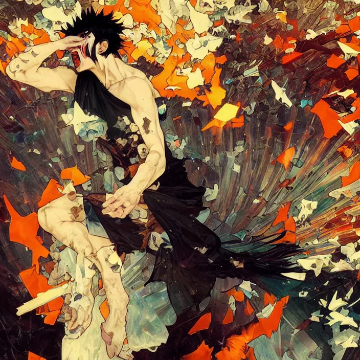 Image similar to a mad guy with spike black hair, orange spike aura in motion, damaged japanese clothes, floating pieces, painted by art by tsuyoshi nagano, greg rutkowski, artgerm, alphonse mucha