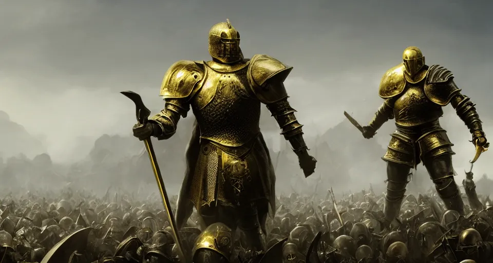 Prompt: render of a knight with a skull helmet, wearing a golden set of armor standing strong in the middle of a battlefield, hyper realistic, unreal, craig mullins, alex boyd, lord of the rings, game of thrones, dark souls, artstation, cinematic action shot, warhammer