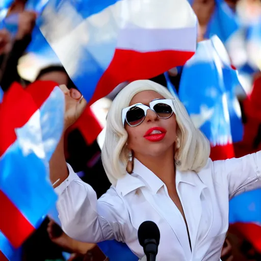 Image similar to Lady Gaga as president, Argentina presidential rally, Argentine flags behind, bokeh, giving a speech, detailed face, Argentina