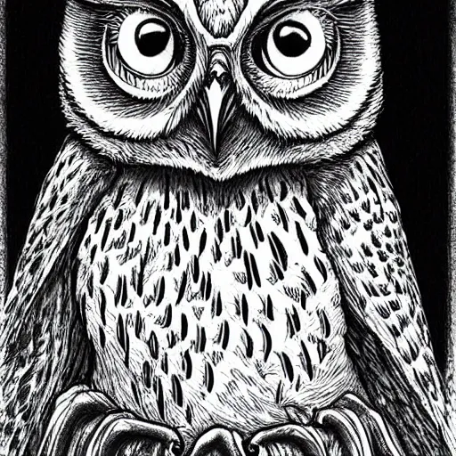 Image similar to A wise owl by Kentaro Miura, highly detailed, black and white