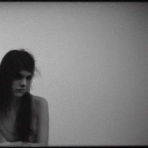 Prompt: still from a homemade video of some despair as lars von trier would depict it, she is 2 3, skinny and beautiful and listens to oathbreaker, photo, black and white, the background is unsafe, insanely detailed, foggy like in norwegian black metal aesthetic