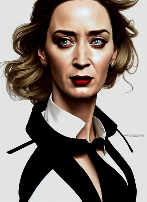 Image similar to portrait of emily blunt with snake eyes as business woman, black suit, white shirt, black tie, intricate, headshot, highly detailed, digital painting, artstation, concept art, sharp focus, cinematic lighting, illustration, art by artgerm and greg rutkowski, alphonse mucha, cgsociety