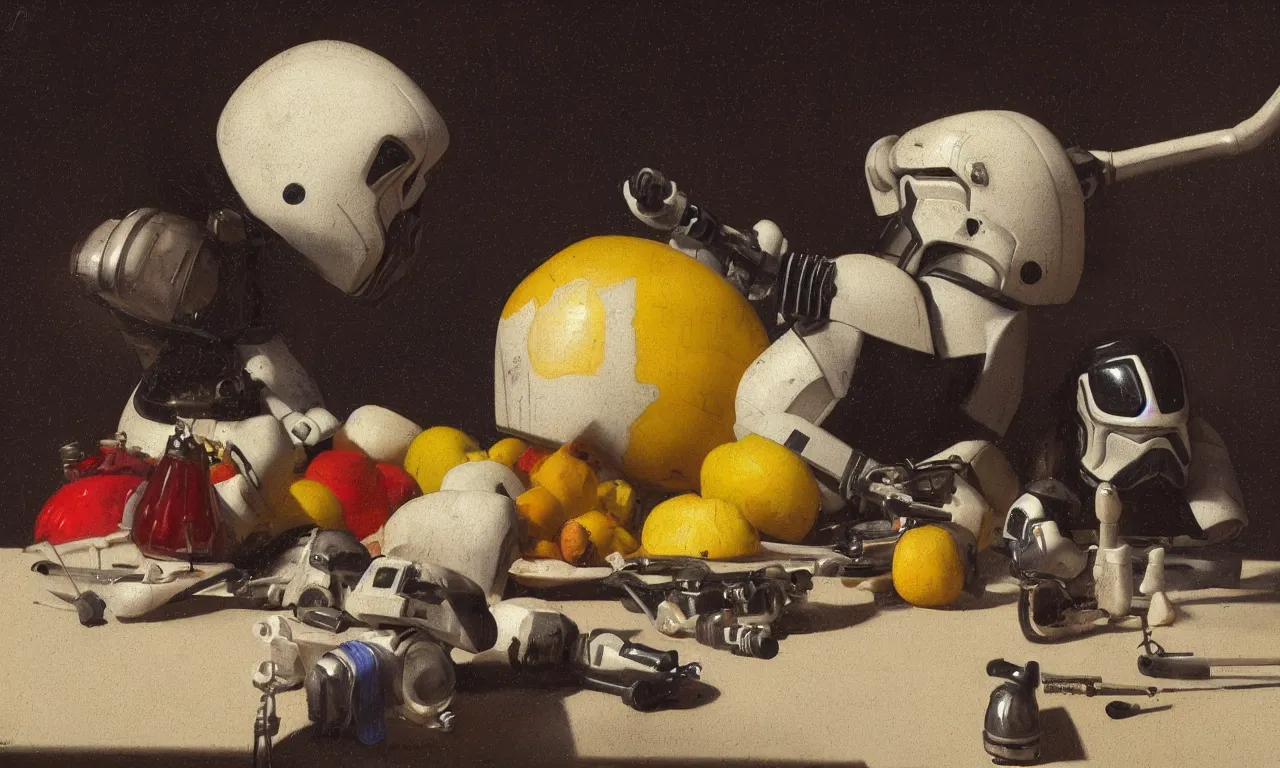 Image similar to still life of a juicy a Storm Trooper by Johannes Vermeer, vivid colors, high details, cinematic, 8k resolution, beautiful detailed, photorealistic, digital painting, artstation, concept art, smooth, sharp focus, illustration, fantasy background, artstation trending, octane render, unreal engine