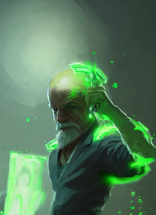 Prompt: a highly detailed illustration of bald old man smoking with green glowing eyes, dramatic standing pose, nuclear background, intricate, elegant, highly detailed, centered, digital painting, artstation, concept art, smooth, sharp focus, league of legends concept art, wlop.