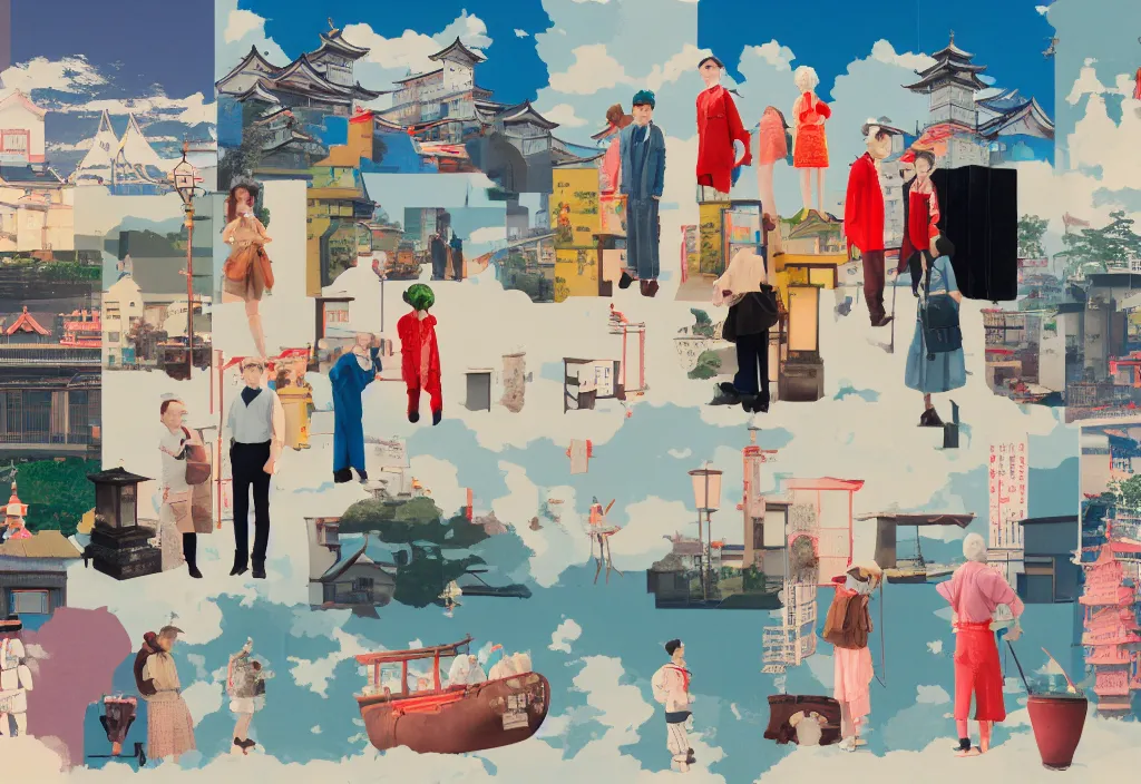 Image similar to a row of several european sightseeing tourists standing with a variety of poses and props, rural japan, character designs, a collage painting, in the style of wes anderson, lola dupre, david hockney, isolated on negative white space background dark monochrome neon spraypaint accents volumetric octane render