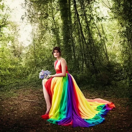 Image similar to picture of gemma arterton wearing a long rainbow wedding gown, sitting in a colorful forest