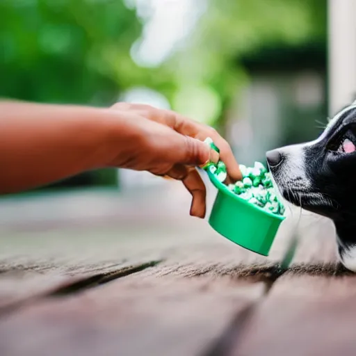 Prompt: dog reaching for a mint in a container while many other people are also reaching for the same mint, closeup, professional photography