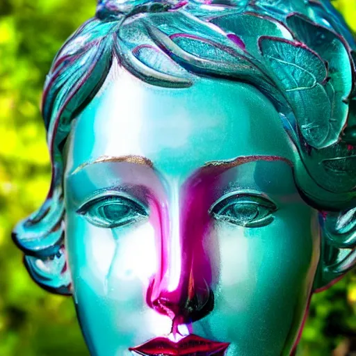 Prompt: A vibrant colorful semi transparent glass statue of a woman's face, transparent, high definition, foliage, leaves, high definition photography