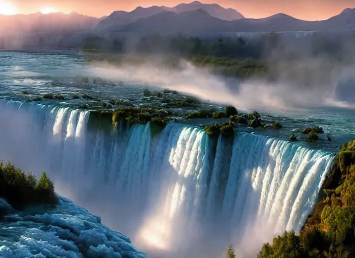 Image similar to cascade of multiple gigantic niagara falls, epic mountains in the background, sunrise, fantasy illustration, matte painting, concept art, low angle shot, volumetric lighting, volumetric atmosphere, morning mist, art by james gurney, unreal engine 5, 8 k