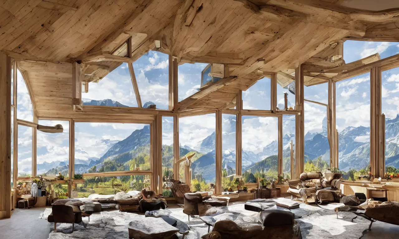 Image similar to fantastical living room with switzerland landscape in the window