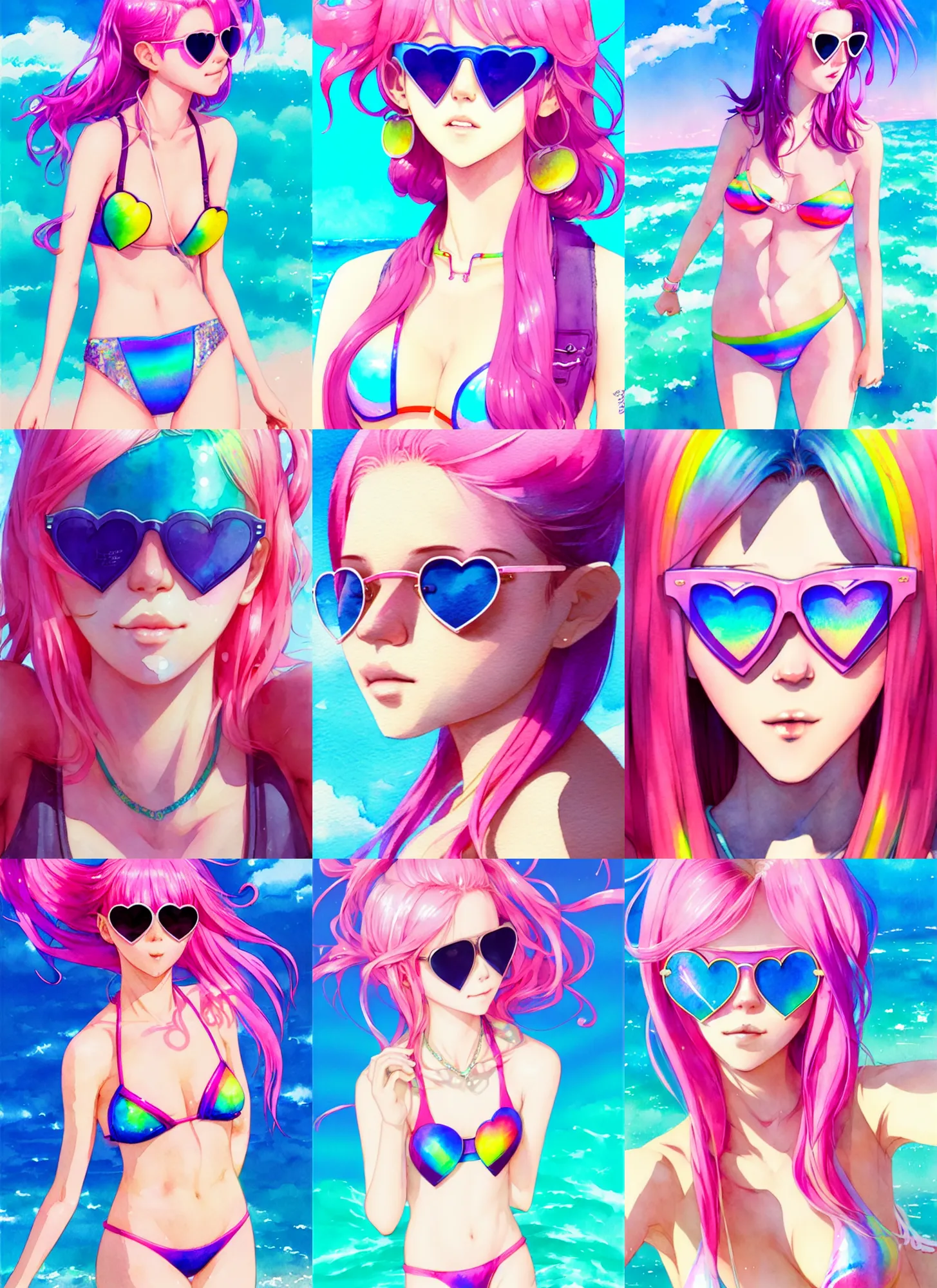 Prompt: portrait of a beautiful girl with pink hair with heart shape sunglasses in rainbow reflective bikini at beach, symmetry face, top lighting, cute - fine - face, ( watercolor ), light novel cover art, art by hidari and krenz cushart and wenjun lin and starember and kuvshinov ilya and kidmo and rossdraws and artgerm