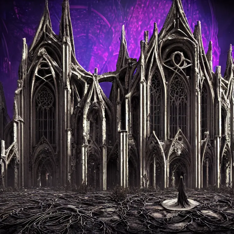 Image similar to ribbed abandoned gothic cathedral exterior on exoplanet, covered with tentacles, roots, wires, tubes, colorful neon lights, cyberpunk, baroque painting, standing in a desolate empty wasteland, creepy, nightmare, dream-like heavy atmosphere, surreal abandoned buildings, beautiful detailed intricate insanely detailed octane render trending on Artstation, 8K artistic photography, photorealistic, volumetric cinematic light, chiaroscuro, Raphael, Caravaggio, Beksinski, Giger