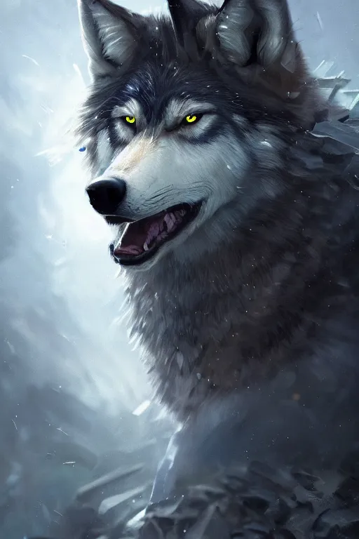 Image similar to a fancy portrait of a wolf with crystal fang's by Greg Rutkowski, Sung Choi, Mitchell Mohrhauser, Maciej Kuciara, Johnson Ting, Maxim Verehin, Peter Konig, final fantasy , mythical, 8k photorealistic, cinematic lighting, HD, high details, atmospheric,