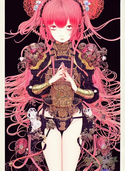 Image similar to highly detailed illustration yoneyama mai artstation katsuhiro otomo fluorescent fantastic fate manga poster of princess mechine, minaba hideo, takato yamamoto, long hair, art nouveau, armor, laces, ruffles, 8 k, maximalist,