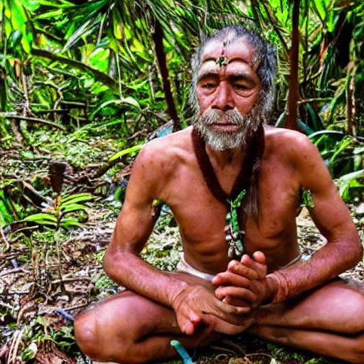 Prompt: a beautiful portrait of an amazonian shaman healer sitting in the jungle, doing a prayer, ayahuasca