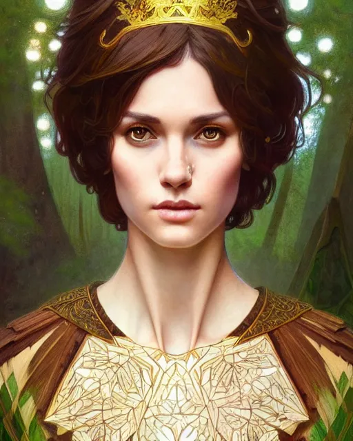 Image similar to symmetry portrait of welsh brunette princess with short hair, mans tunic, forest background, intricate, elegant, highly detailed, digital painting, artstation, concept art, smooth, sharp focus, illustration, art by artgerm and greg rutkowski and fra angelico and alphons mucha