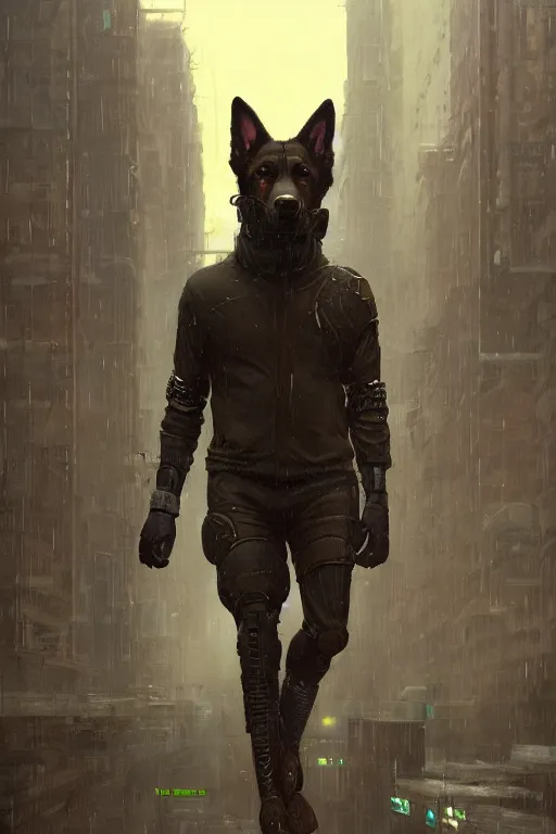 Image similar to new york city portrait of furry anthro anthropomorphic german shepard head animal person fursona wearing clothes strange cybernetic augmentations cyber muzzle gloomy rainy cyberpunk digital art by Greg Rutkowski, Simon Stalenhag, trending on Artstation, CGSociety