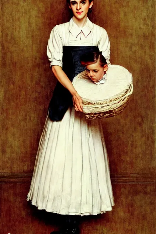 Image similar to photo photorealistic portrait photograph Emma Watson as maid portrait by Norman Rockwell