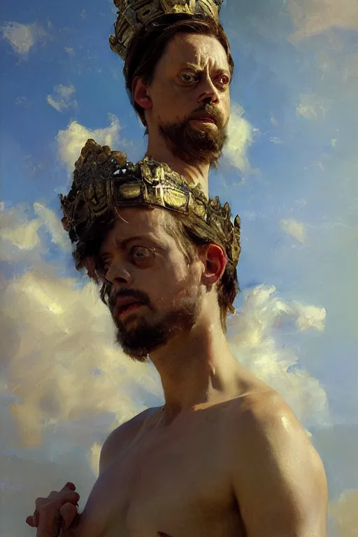 Prompt: beautiful impressionistic oil painting portrait of ancient roman god emperor steve buscemi ascending wearing the civic crown levitating in religious pose, art by anders zorn, wonderful masterpiece by greg rutkowski, expressive brush strokes, beautiful cinematic light, american romanticism by greg manchess, jessica rossier