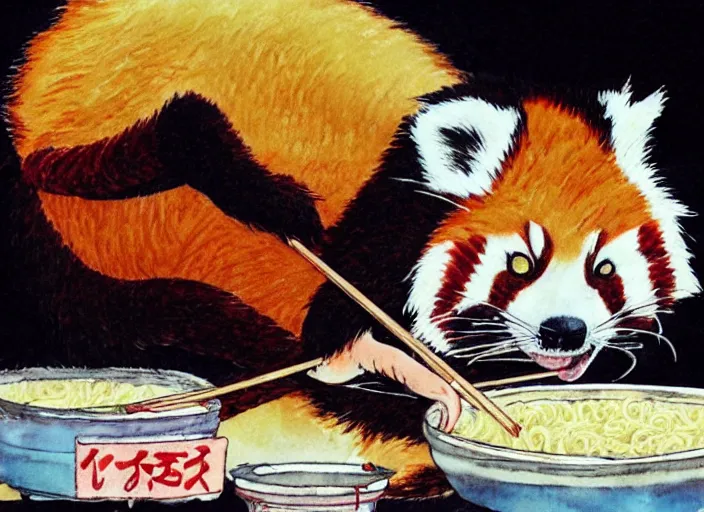 Prompt: red panda eating ramen noodles, water colour, by miyazaki, int he style of spirited away