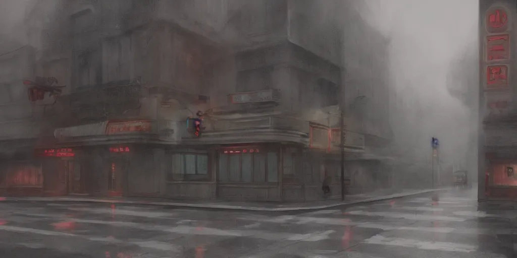 Image similar to an old cinema, foggy rainy day, matte painting, studio ghibli, artstation