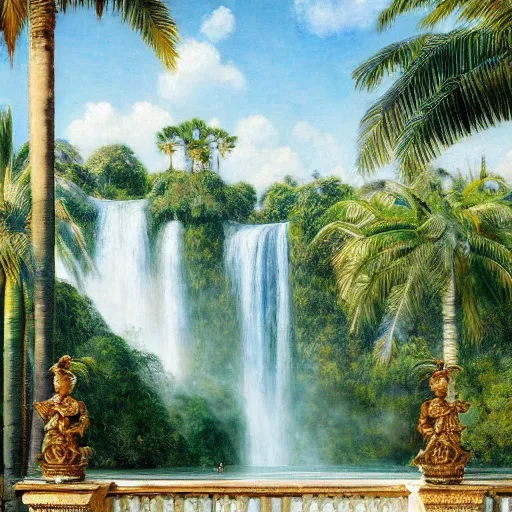 Image similar to a ultradetailed beautiful painting of the diamonds waterfall in the amazonas palace balustrade designed by jules bastien - lepage, tarsila do amaral, frank weston and gustave baumann, beach, trending on artstation, mediterranean, palm trees, sharp focus, soft light, 8 k 4 k