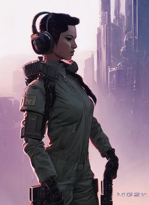 Prompt: Beautiful Ella. Gorgeous female cyberpunk mercenary wearing a cyberpunk headset, military vest, and pilot jumpsuit. gorgeous face. Concept art by James Gurney and Laurie Greasley. Moody Industrial skyline. ArtstationHQ. Realistic Proportions. Creative character design for cyberpunk 2077.