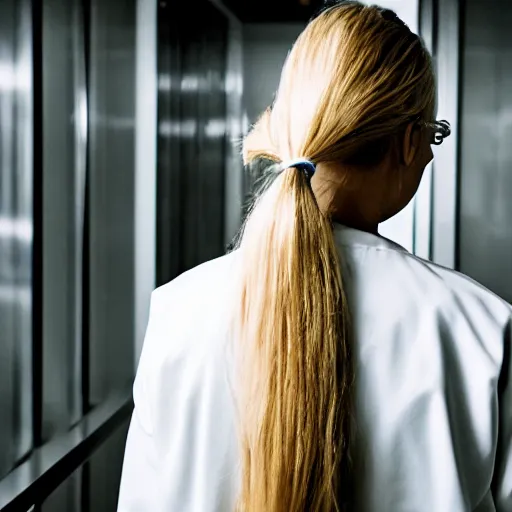 Prompt: full body profile of cute female nurse, blond hair. ponytail, white coat, in an elevator, elizabeth messina, tight focus, 4 5 mm