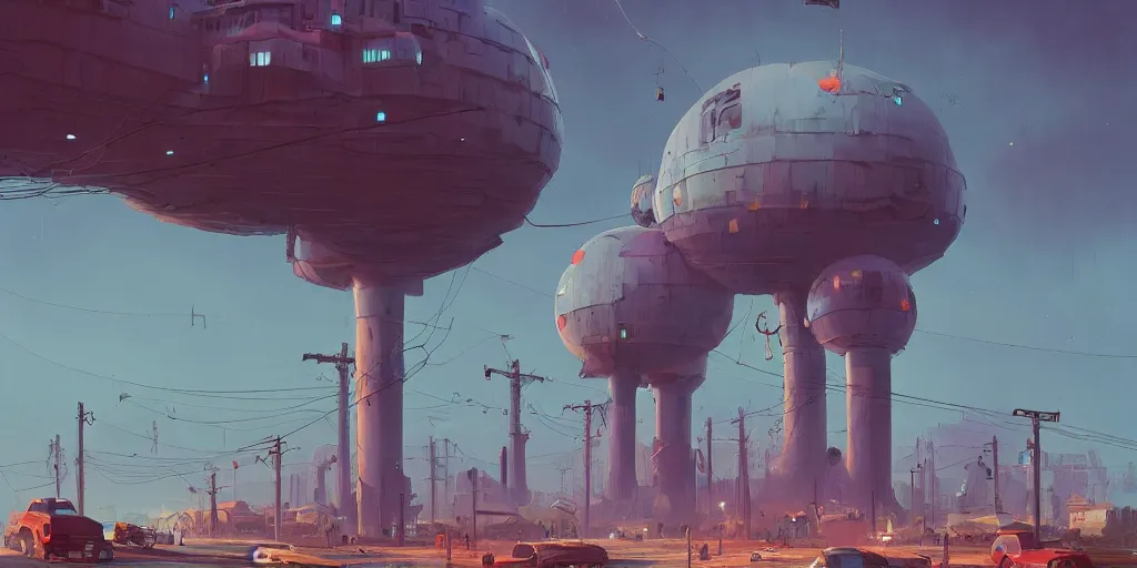 Image similar to a weird town city places with a giant weird thingsimon stalenhag, highly detailed, digital art, realistic, trending on artstation, 4 k