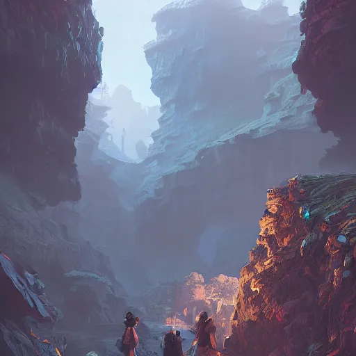 Image similar to view of the entrance to a dungeon of the gods at the base of an ancient mountain, realistic lighting, dark, foreboding, highly detailed, chaotic small details, behance hd, makoto shinkai and lois van baarle, ilya kuvshinov, rossdraws, global illumination