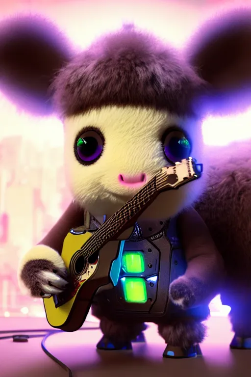 Image similar to high quality 3 d render very cute fluffy! cyborg cow plays guitar, cyberpunk highly detailed, unreal engine cinematic smooth, in the style of blade runner & detective pikachu, hannah yata charlie immer, moody light, low angle, uhd 8 k, sharp focus