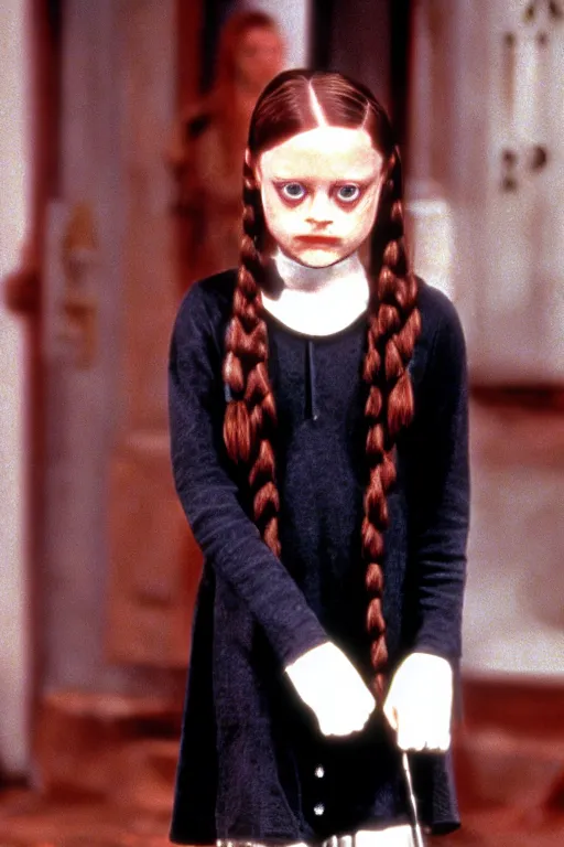 Image similar to Young Jodie Foster as Wednesday in The Addams Family 1991