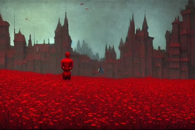 Image similar to only with red, a red expanse of flowers of different types, castle in background, medieval goblins, in the style of beksinski, parts by edward hopper, parts by rodcenko, parts by yue minjun, intricate and epic composition, red by caravaggio, insanely quality, highly detailed, masterpiece, red light, artstation, 4 k