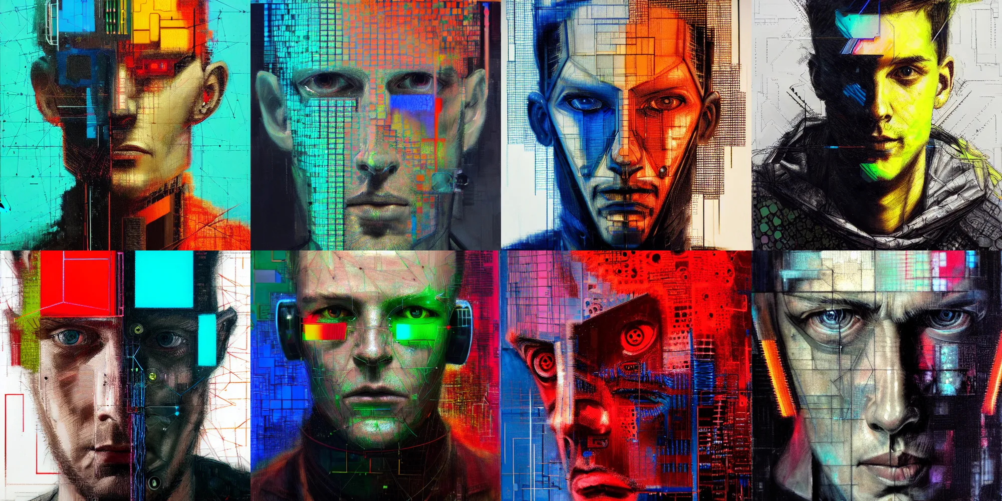 Prompt: hyperrealistic portrait of a cyberpunk man, by Guy Denning, Johannes Itten, network, lattice, glitch art, fine detail, polished, complex, hacking effects, digital tech effects, color blocking, acrylic on canvas, concept art, abstract, symmetrical, 8k, concept art, octane, trending on artstation