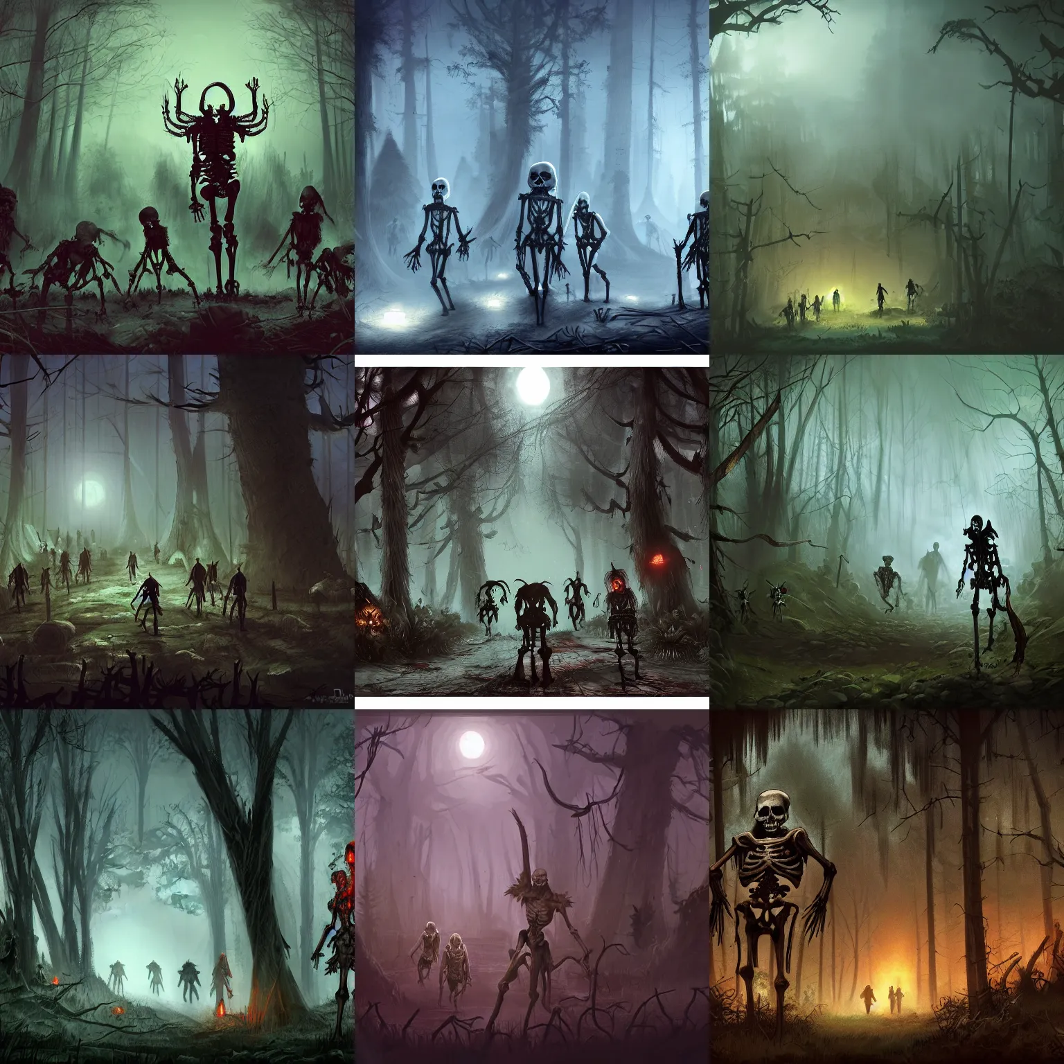 Prompt: dangerous skeletons and zombies in a forest at night approaching a village, dnd, concept art, fantasy art, 4 k, artstation, misty