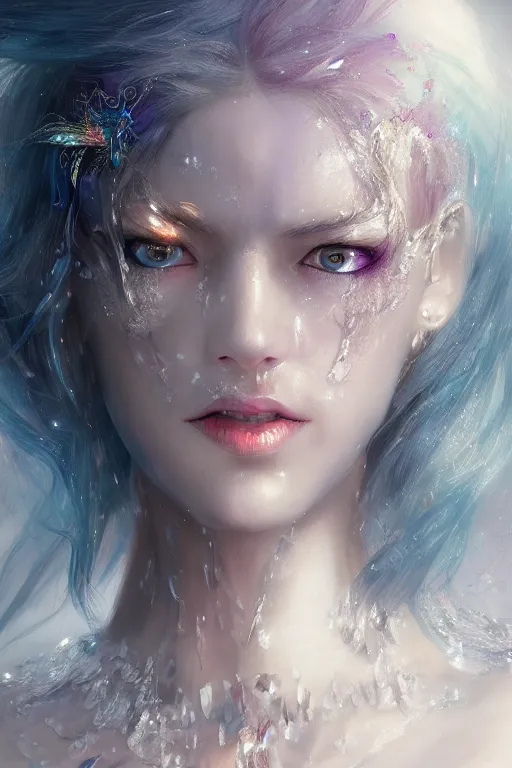 Image similar to face closeup covered with ice of extremely beautiful girl necromancer, magical fairy ice and ice velvet, diamonds, jewels, angels, 3 d render, hyper - realistic detailed portrait, holding fire and electricity rainbow, ruan jia, wlop. scifi, fantasy, magic the gathering, hyper detailed, octane render, concept art, peter mohrbacher