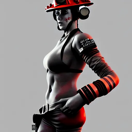 Image similar to a full - body painting of a female fire - fighter! stern face! stunning eyes!, cyberpunk art by yumihiko amano, cgsociety, figurative art, toonami, zbrush, official art