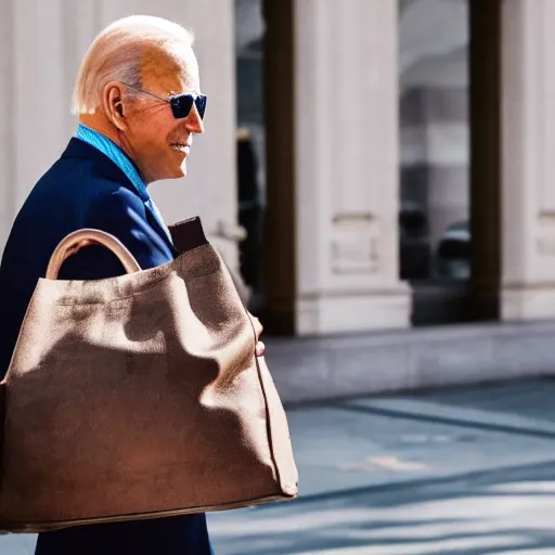 Prompt: joe biden carrying a telfar bag, fashion photography, vogue streetfashion, vsco photo, high definition