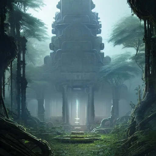 Image similar to detailed sci - fi concept art of a detailed ancient temple in an overgrown forest, depth of field, unreal engine, artstation, award - winning realistic sci - fi concept art by greg rutkowski and yoshitaka amano, in the style of james gurney.