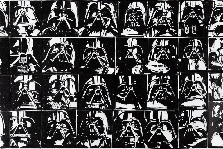 Prompt: still frames from andy warhol's star wars