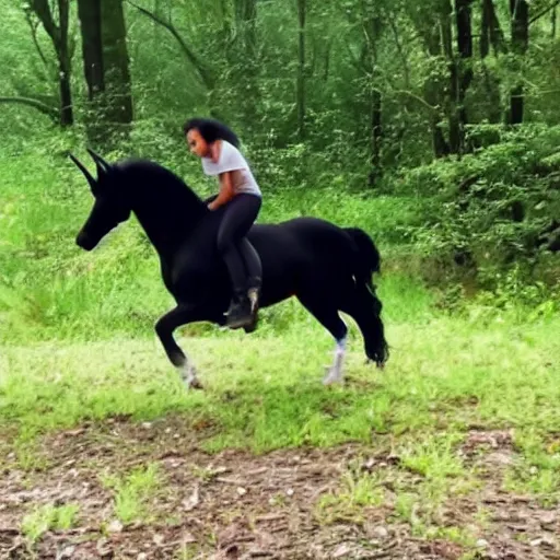 Image similar to security footage of a teenager with black curly hair on the woods riding a unicorn